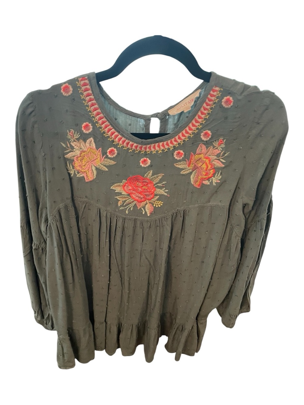 Solitaire Olive Green Embroidered Peasant Tunic